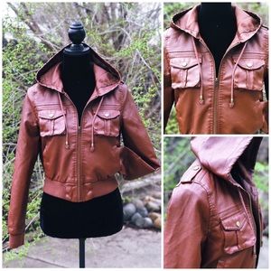🍂Caramel Brown Vegan Leather Hooded Jacket🍂